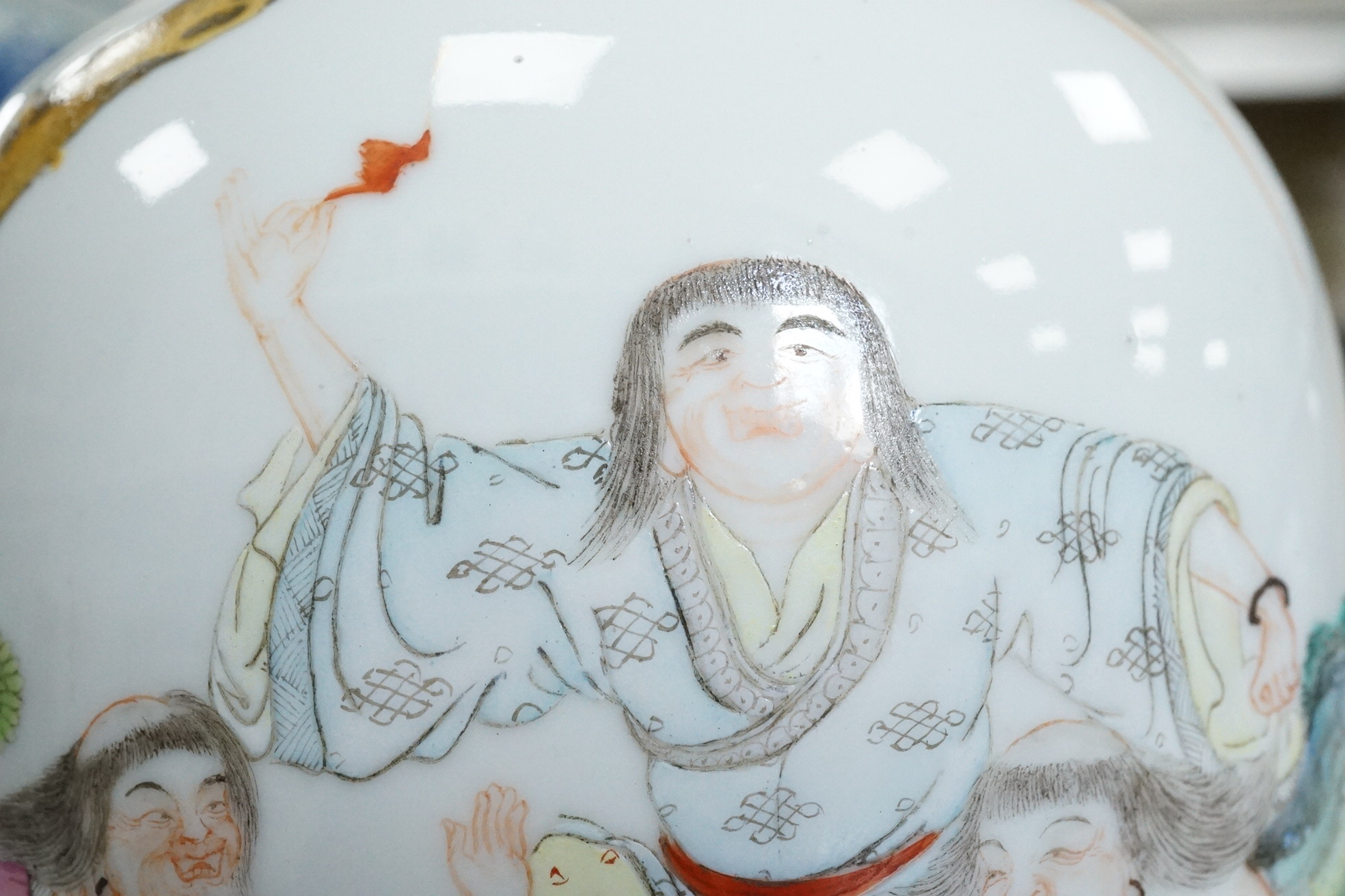 A Chinese famille rose ‘Liu Hai’ bottle vase, Qianlong six character seal mark but Republic period